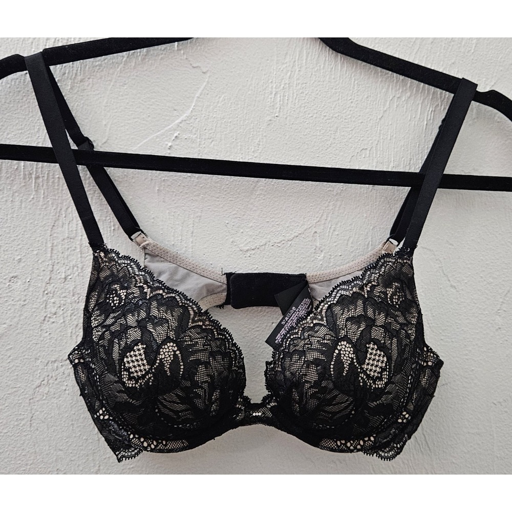 Victoria's Secret 2012 Women's Plunge Lace Bra Black & Nude Size 34B Rhinestone